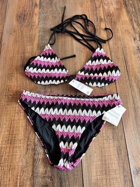 NWT ASOS swim Pink Black White Zigzag Crochet Bikini sz 6